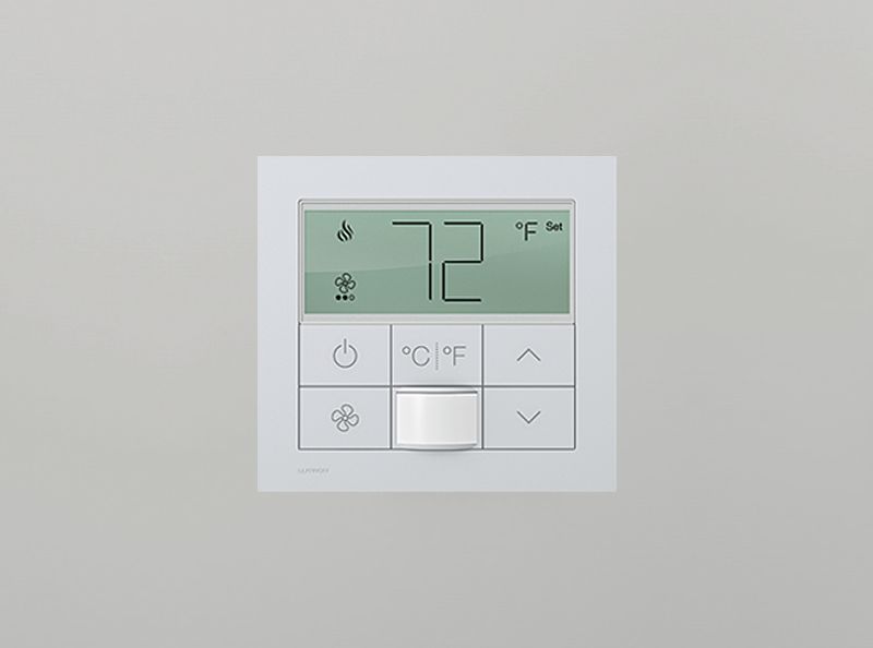 Lutron wall-mounted digital thermostat displaying a temperature of 72°F.