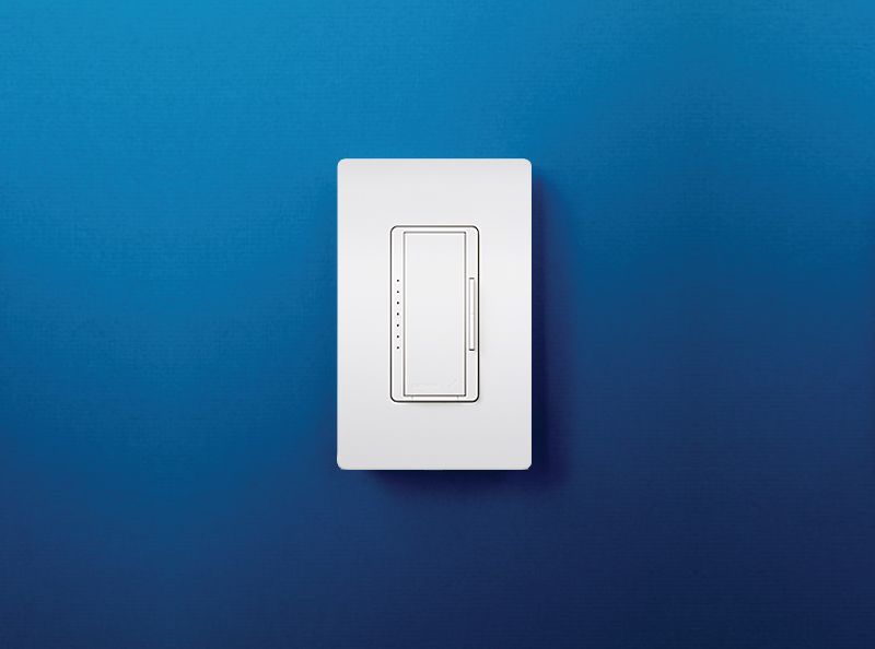 Lutron wall-mounted dimmer switch on a blue background.